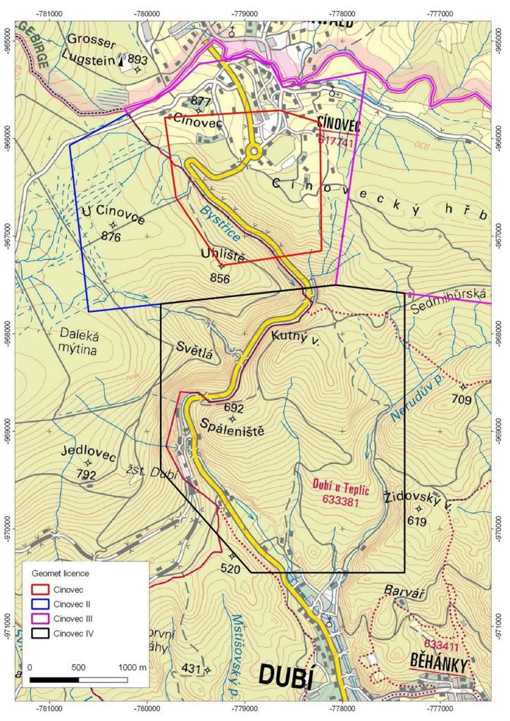 Mapa okolí Cínovce s vyznačenými čtyřmi průzkumnými prostory, pro která firmy Geomet, respektive její majitel European Metals Holdings, získala průzkumná povolení. Hypotetický důl by měl být přístupný přes jeden vchod kousek nad železniční zastávkou Dubí. (foto Geomet)