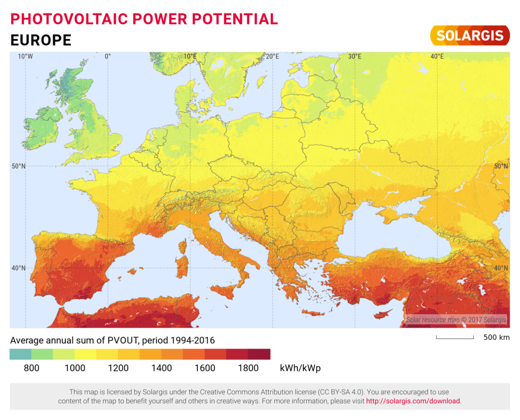 Fotovoltaický potenciál Evropy (kredit Solargis)