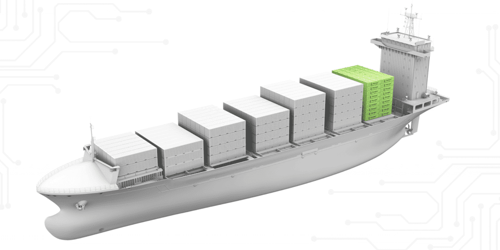 Koncept elektrické kontejnerové lodi společnosti Fleetzero. Bateriové kontejnery jsou vyznačené zeleně, takže je dobře vidět, že i když loď má omezený dojezd, rozhodně jejich objem je ohromný. (foto Fleetzero).