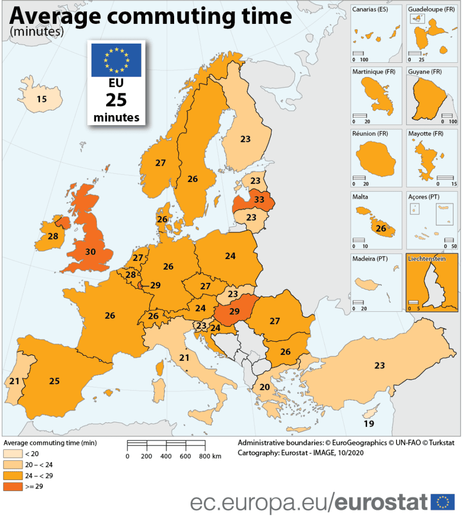 Průměrná doba trvání dojíždění do práce v zemích Evropské unie. Průměr EU je 25 minut. (foto Eurostat)